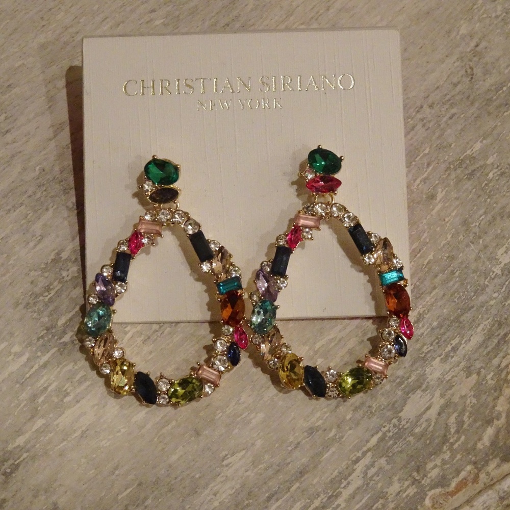 Christian Siriano New York Multi-Colored Crystal Drop Earrings - Missing 1 Jewel - Picture 4 of 6